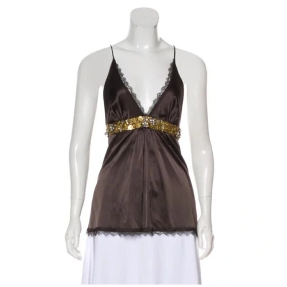 Kaufmanfranco metálico silk spaghetti strap luxury top embellishment size L